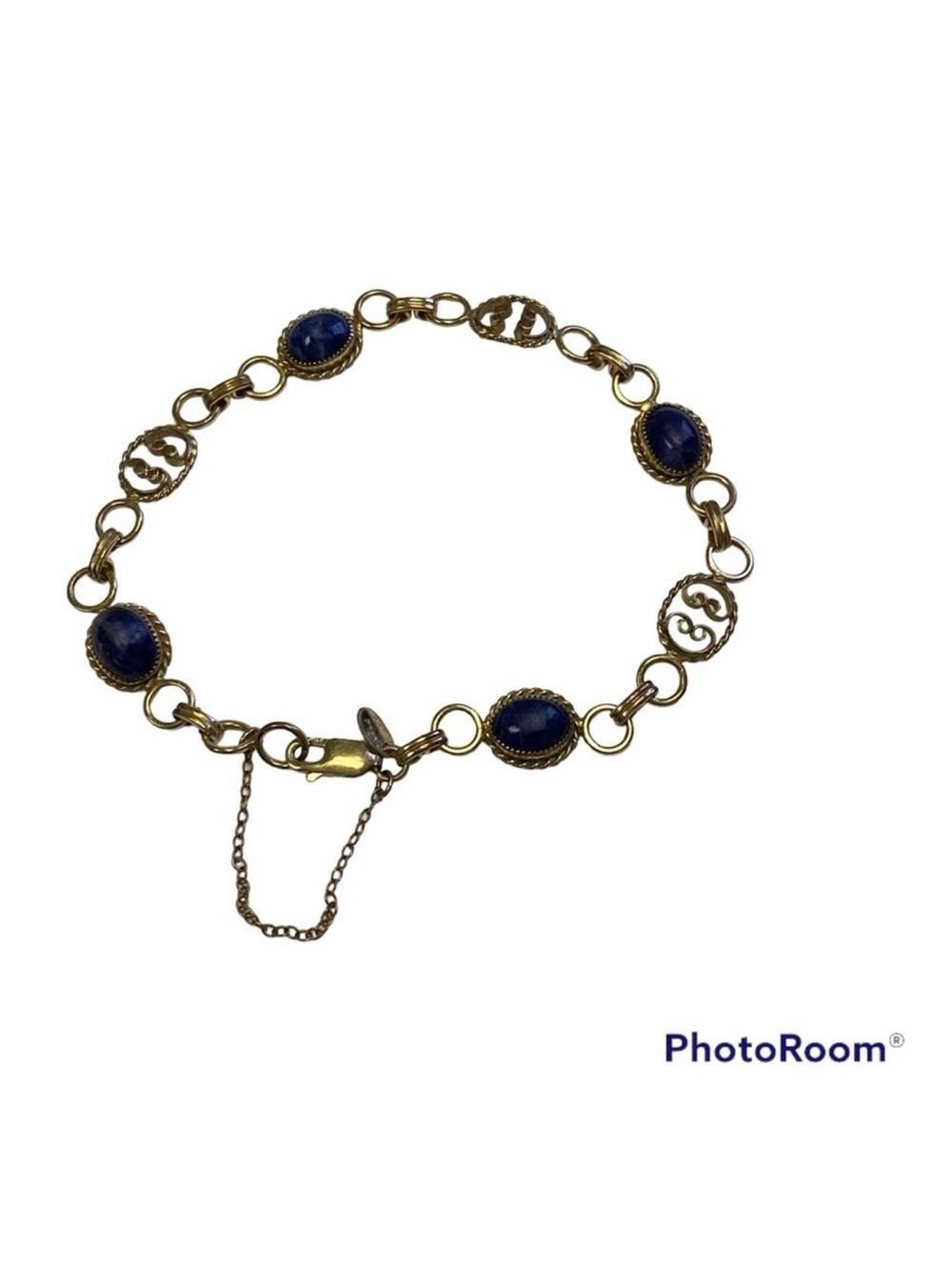 CARLA BRACELET 14k GF GOLD FILL LINKS FILIGREE BLUE LAPIS CABOCHONS 5.7g 7.5”